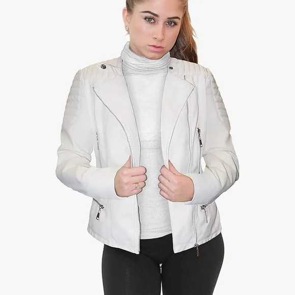 BNWOT Olivia Miller White Faux Leather Zip Up Moto Biker Jacket M - never worn! - Picture 2 of 8